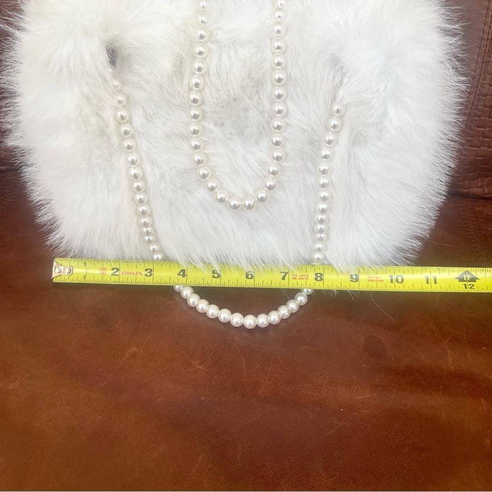 Genuine Fox Fur & Pearl Embossed Handle Straps Satchel Bag In Snow White Color - Picture 8 of 9